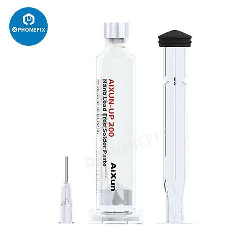 Lead-free UP200 Nano Solder Paste by PHONEFIX, used for BGA reballing and phone repair, with precise solder flux application.