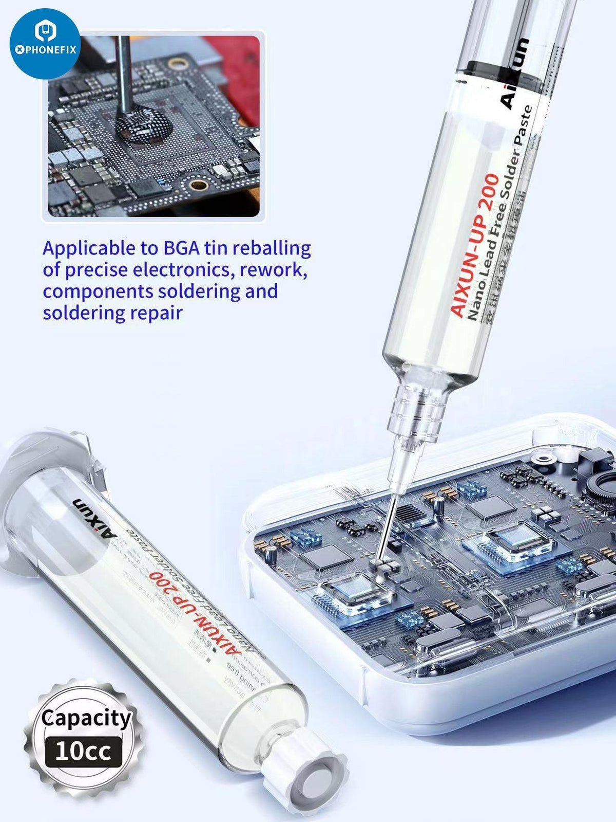 UP200 Lead-Free Nano Solder Paste for BGA reballing by PHONEFIX, showing a close-up of the solder paste container and application area.