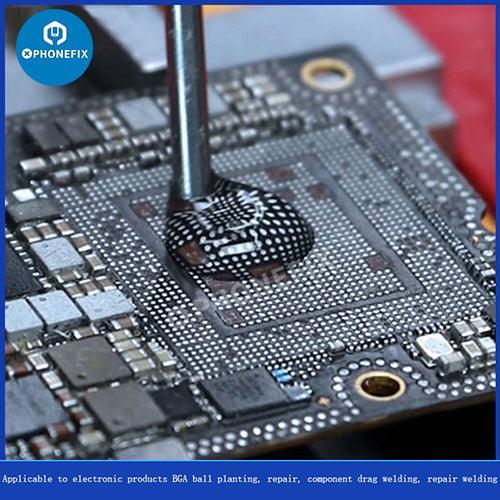 PhoneFix UP200 lead-free nano solder paste for BGA reballing and soldering, with precise application for electronics repair.