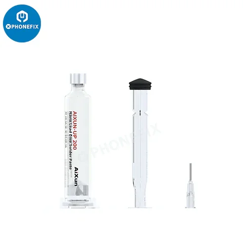 PhoneFIX UP200 Lead-Free Nano Solder Paste for BGA reballing and phone repair, with precise solder flux application.