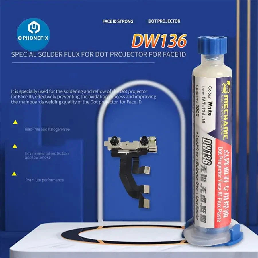 PhoneFix Mechanic DW136 DT1 Dot Projector Solder Paste for iPhone Face ID repair, showing the solder paste container on a white background.