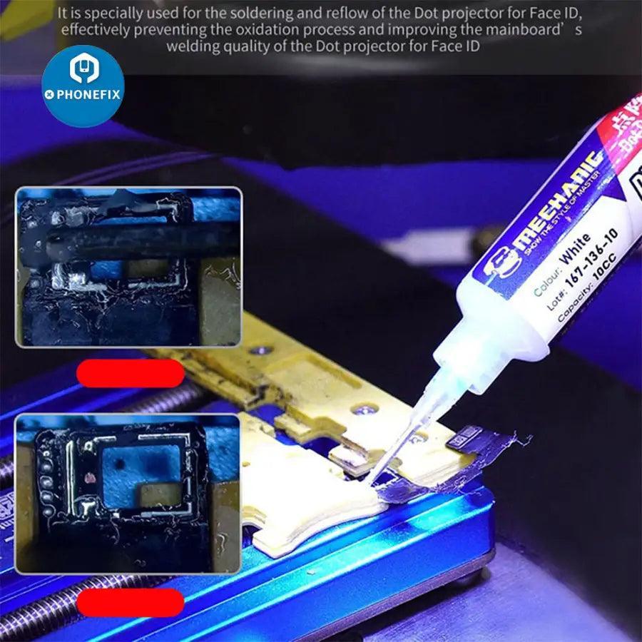 PhoneFix Mechanic DW136 DT1 Dot Projector Solder Paste for iPhone Face ID repair, shown in a clear image with precise application details.