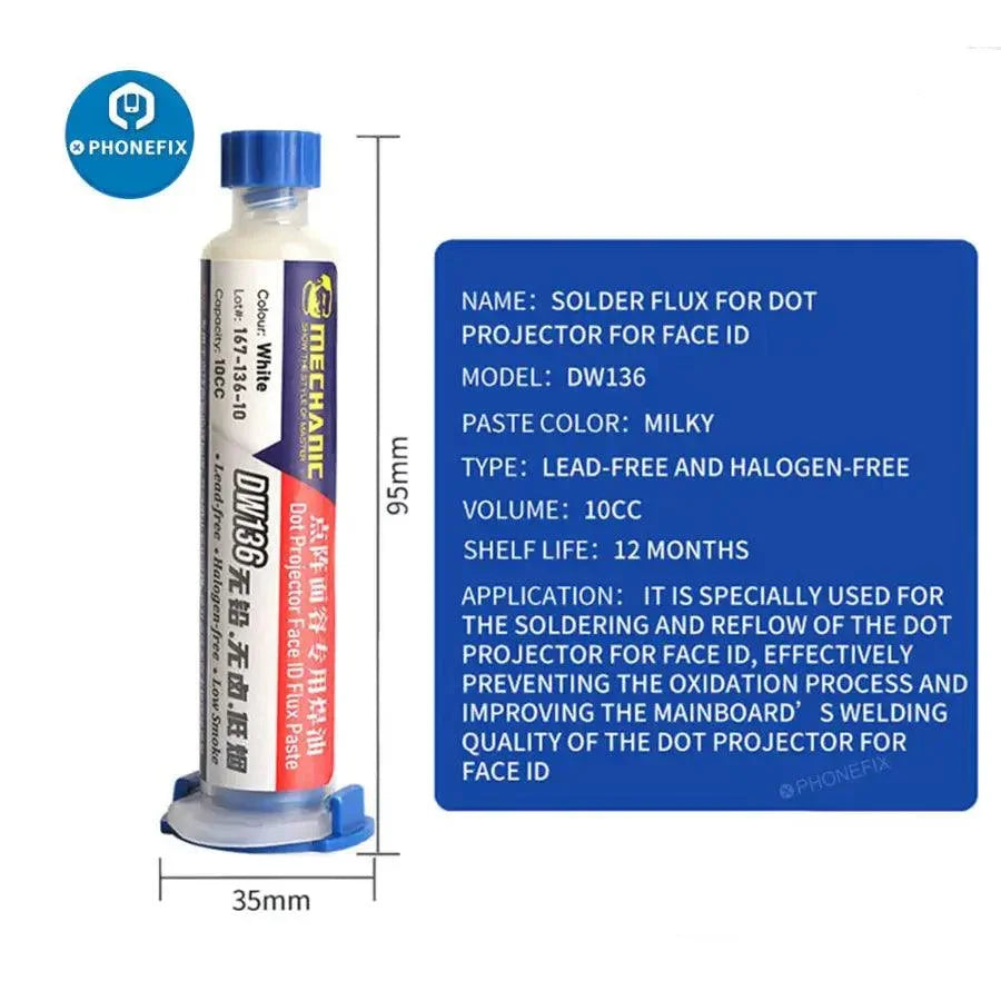 Mechanic DW136 DT1 Dot Projector Solder Paste for iPhone Face ID repair, shown in a small container with application tools.