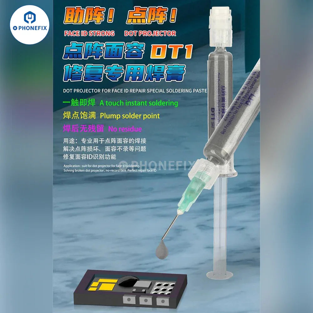 PHONEFIX Mechanic DW136 DT1 Dot Projector Solder Paste for iPhone Face ID repair, showing a container of solder paste for electronics.