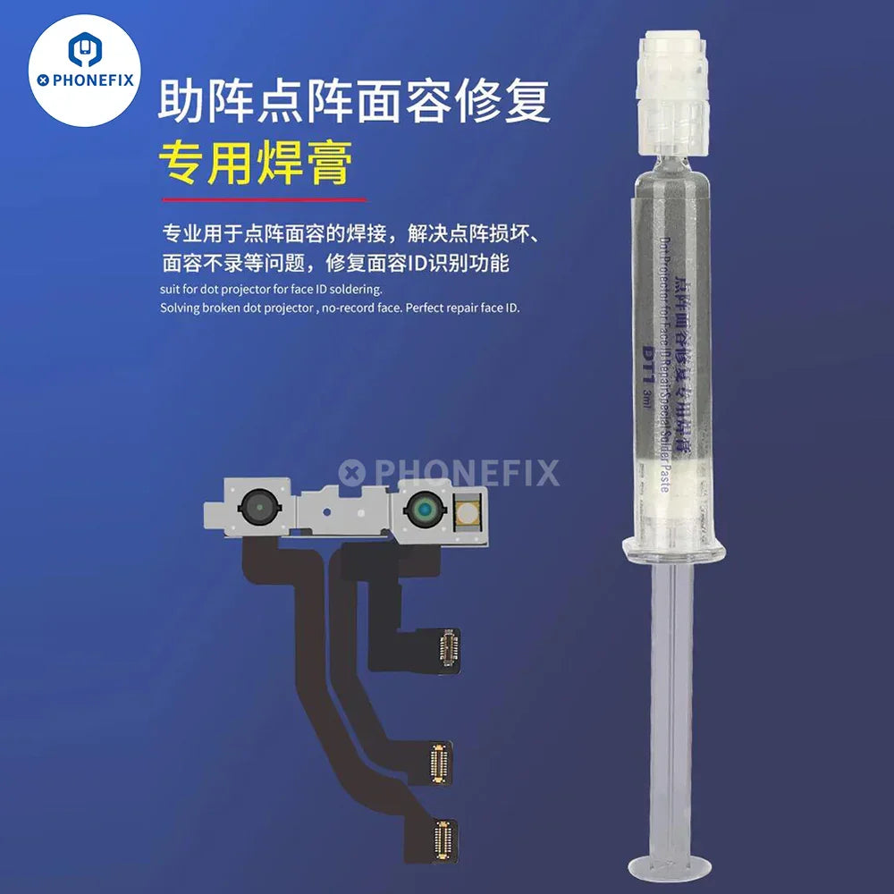 PHONEFIX Mechanic DW136 DT1 Dot Projector Solder Paste for iPhone Face ID repair, shown in a close-up image of the product container.