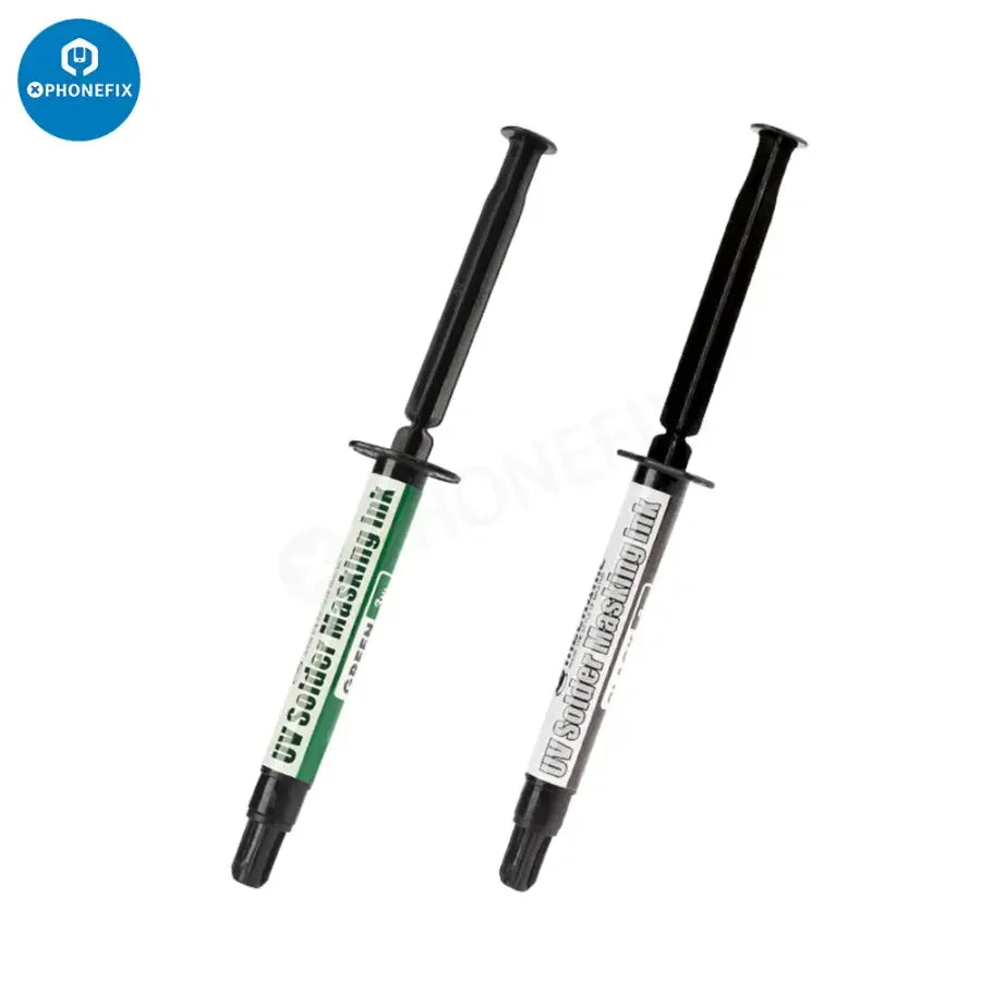 PhoneFix UV light curing BGA PCB solder mask ink in black and green, used for solder paste application on electronics.