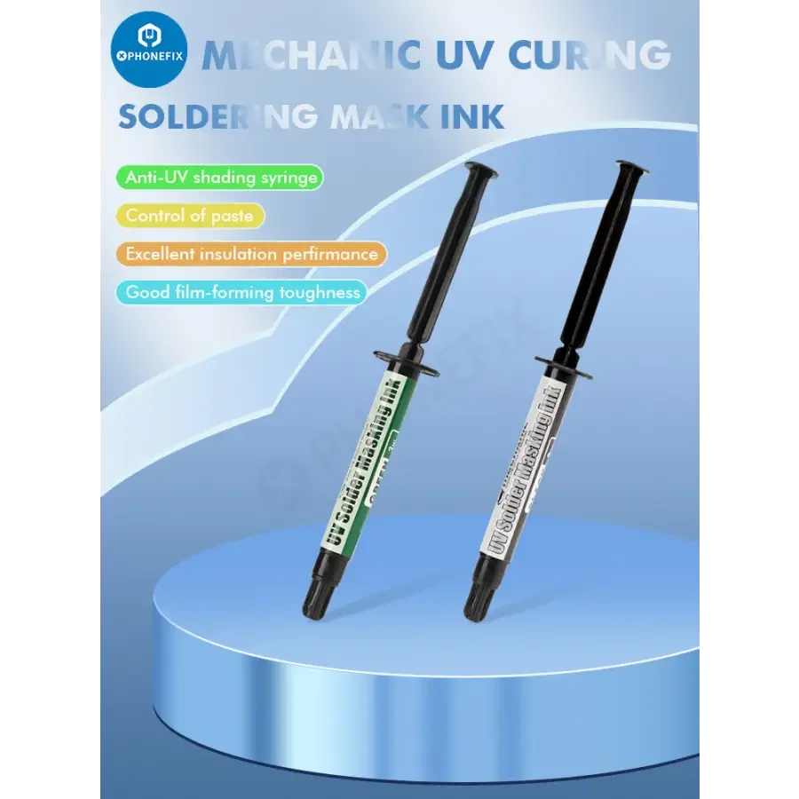 Encre de masque de soudure PhoneFix pour circuits imprimés BGA, polymérisable aux UV, en noir et vert, utilisée pour une application précise de la pâte à souder sur les cartes de circuits imprimés.
