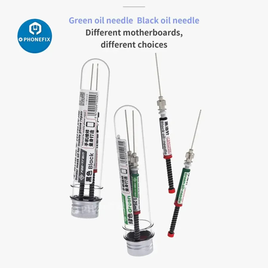 Micro Control Green and Black Solder Mask Oil by PHONEFIX for phone PCB repair, used as solder paste in electronic repairs.