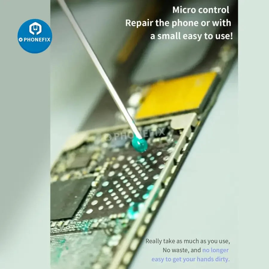 Micro Control Green/Black Solder Mask Oil from PHONEFIX used for phone PCB repair, applied as solder paste for precise circuit work.