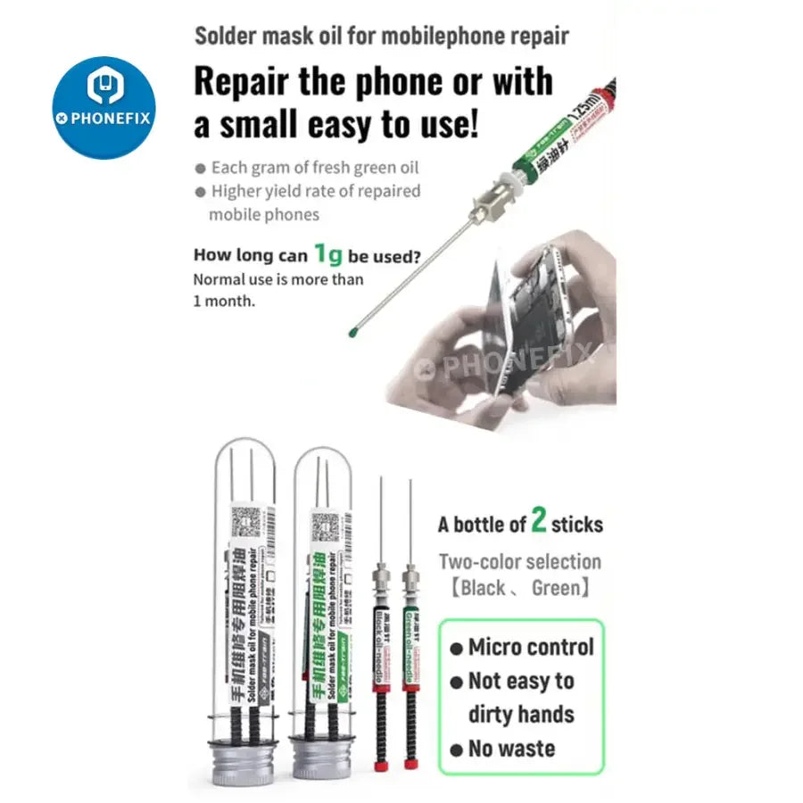 Micro Control Green and Black Solder Mask Oil from PHONEFIX for phone PCB repair, used on phone circuit boards and solder paste application.