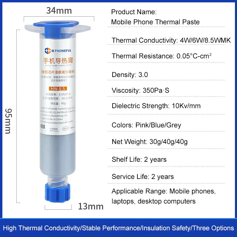PHONEFIX chip thermal paste for phone and laptop CPU heat sinks, used as solder paste for heat transfer and cooling.