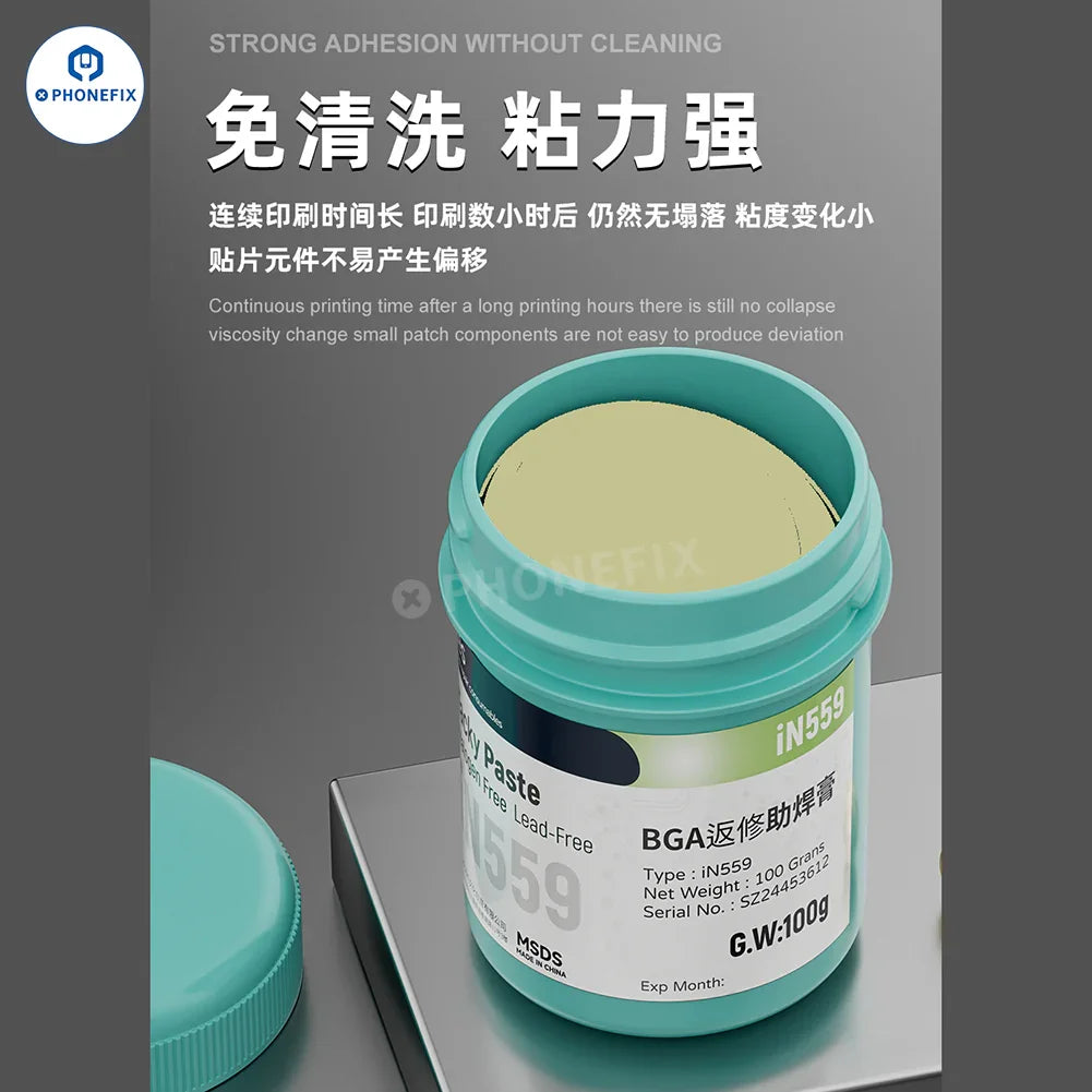 iFixes BGA repair solder paste by PHONEFIX, lead-free, no-clean flux paste in a 100g container for electronics repair.