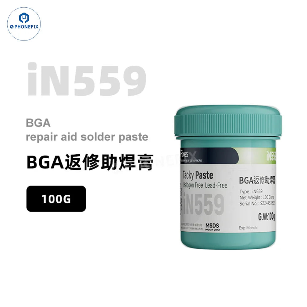 Phonefix BGA repair solder paste, lead-free no-clean flux paste, 100g container for electronics soldering and rework.
