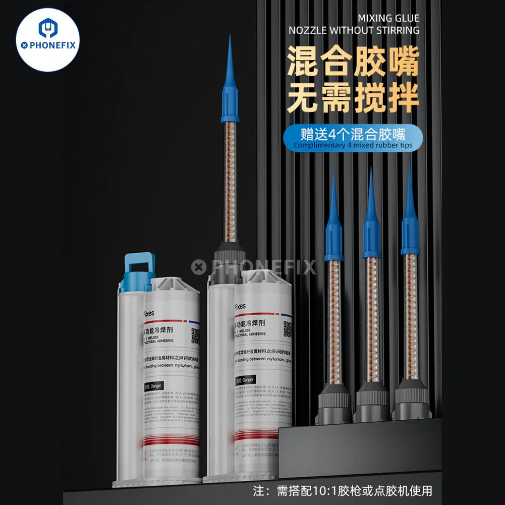 PhoneFix iFixes i14167 structural adhesive metal AB glue and cold solder flux solder paste for electronic repairs.