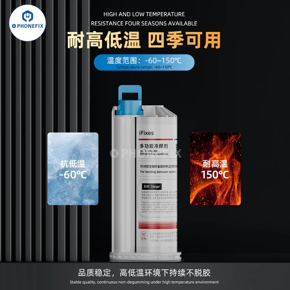 PhoneFix iFixes i14167 structural adhesive metal AB glue and cold solder flux solder paste for electronic repairs.