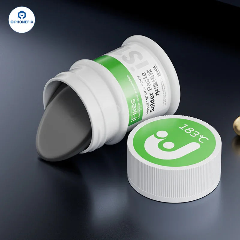 Pâte à souder iFixes de PHONEFIX avec flux pour puces BGA, disponible à 138℃, 158℃, 183℃ et 217℃ pour la réparation et la reprise de circuits imprimés.