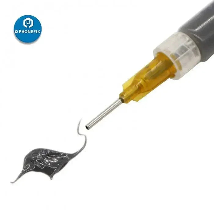 Pâte à souder spéciale pour fil de connexion PHONEFIX Mechanic iSM5 3ML pour la réparation de circuits imprimés, montrant le tube de pâte à souder et la zone d'application.