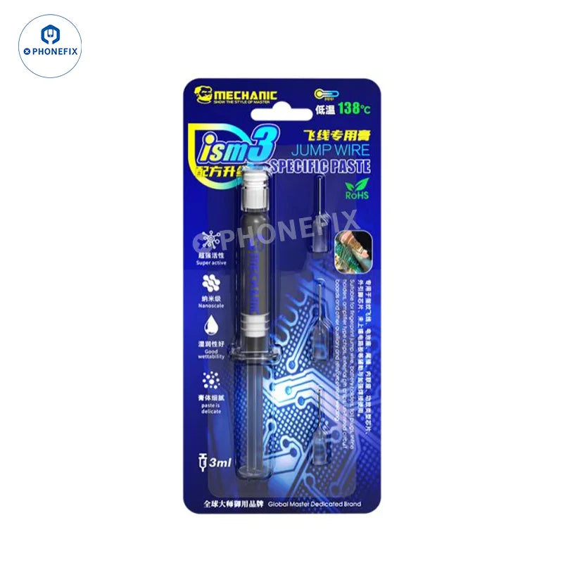 Pâte à souder PhoneFix Mechanic iSm5 3ML pour la réparation de circuits imprimés, présentée dans un petit tube avec étiquette et embout.
