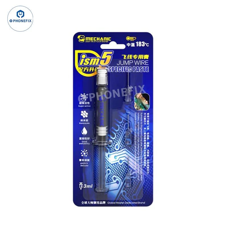 PHONEFIX Mechanic iSm5 3ML Pâte à souder pour réparation de circuits imprimés, montrant le tube de pâte à souder et l'embout d'application.