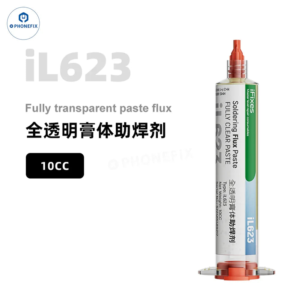 iFixes 10CC lead-free soldering flux paste for motherboard and CPU repair, branded PHONEFIX, shown in a small plastic container.