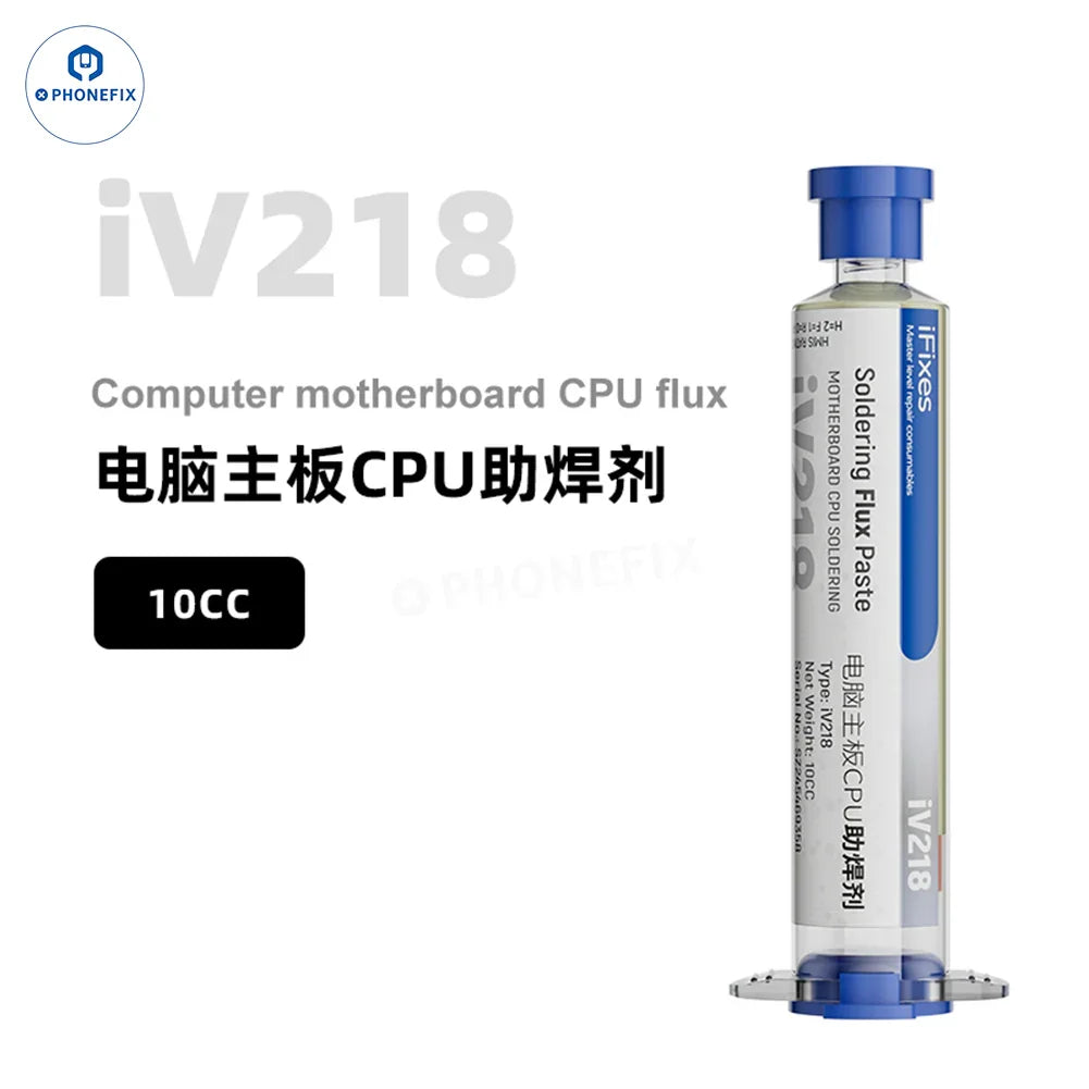 iFixes 10CC lead-free soldering flux paste for motherboards and CPUs, manufactured by PHONEFIX, shown in the image.