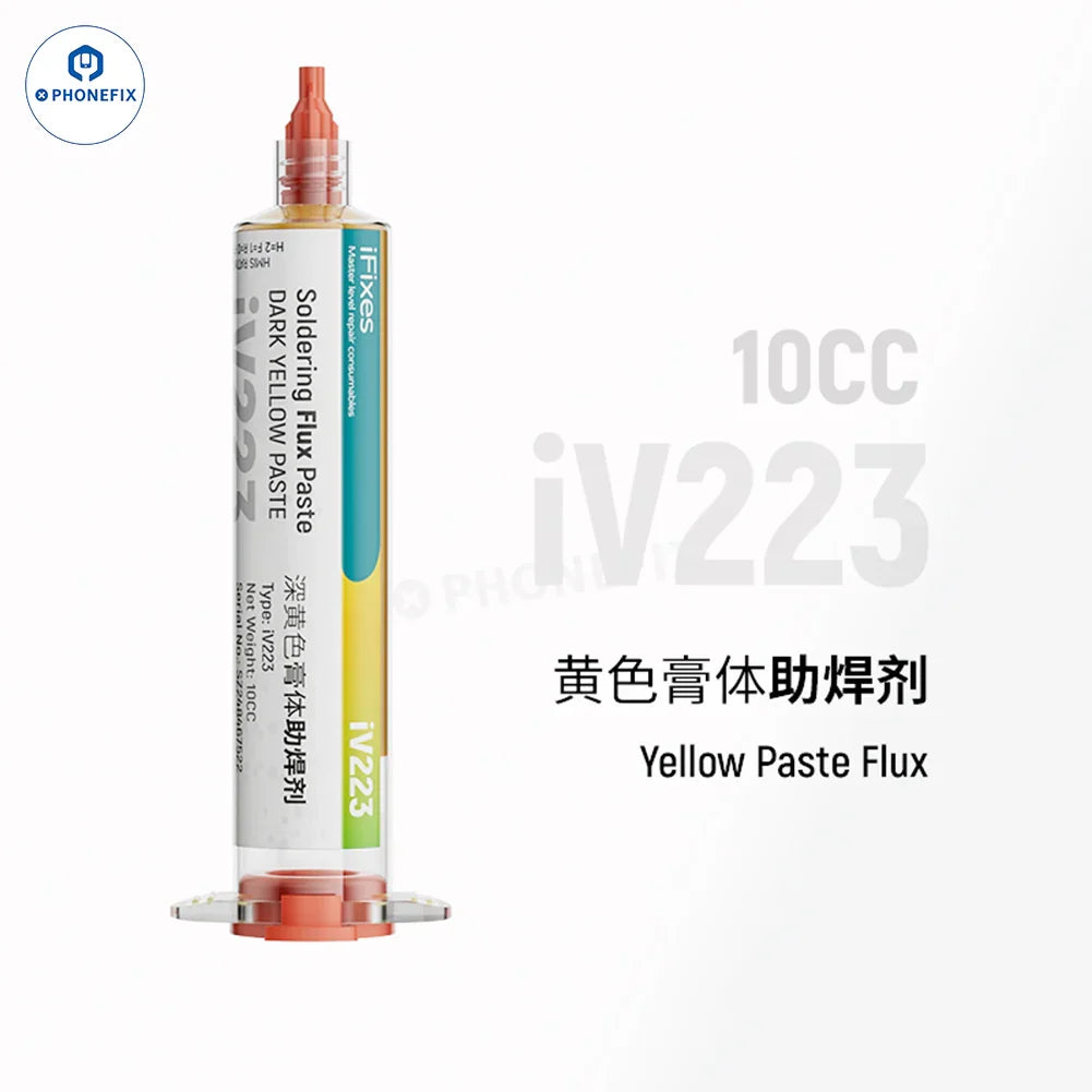 iFixes 10CC lead-free soldering flux paste for motherboard and CPU repairs, shown in a small jar with label.
