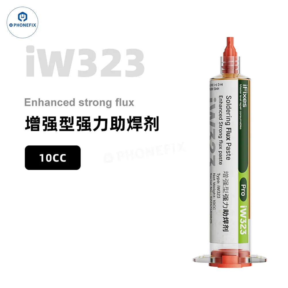 iFixes 10CC lead-free soldering flux paste for motherboard and CPU repairs, by PHONEFIX, shown in a small container.
