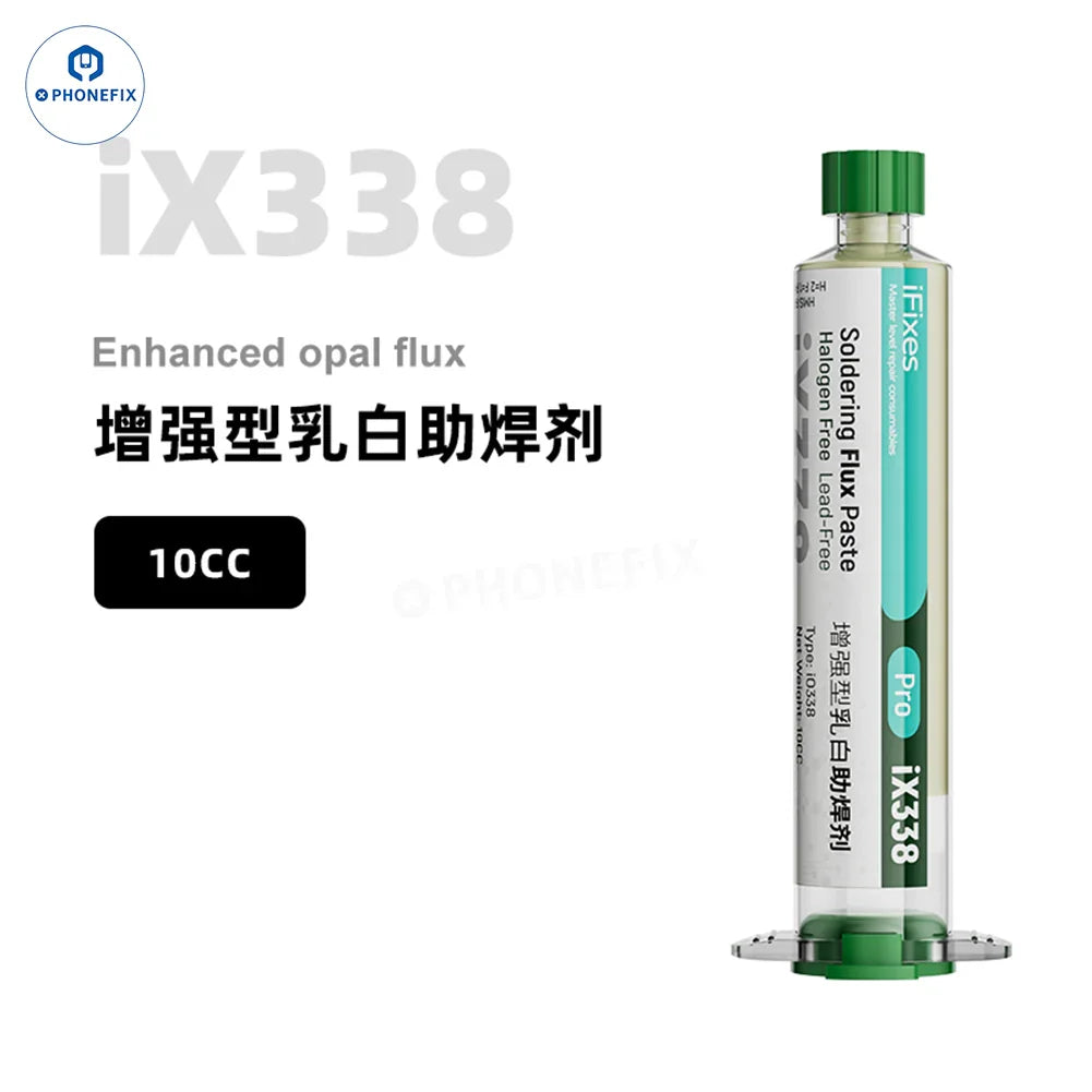 iFixes 10CC lead-free soldering flux paste for motherboard and CPU, shown in a small container with a metallic lid.