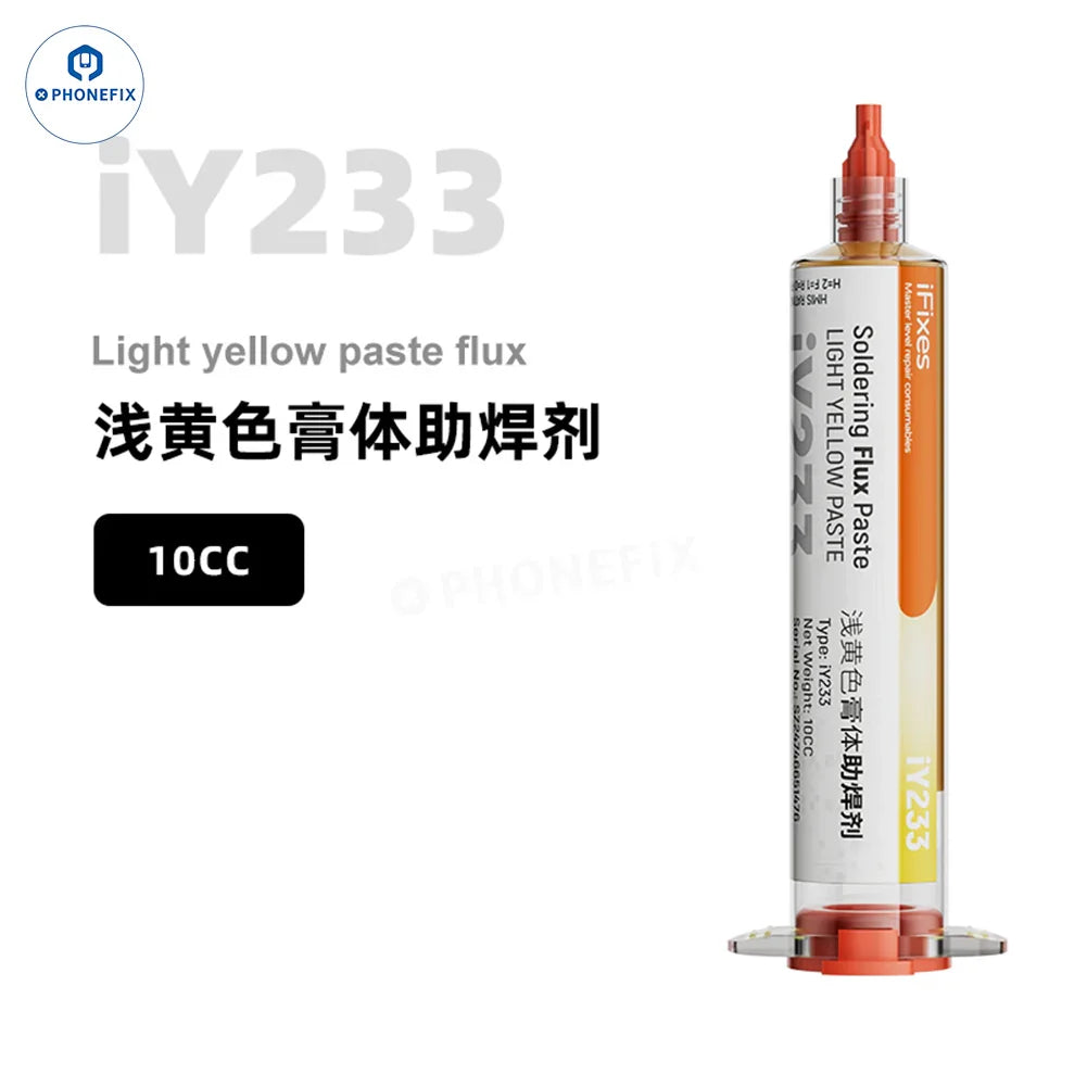 iFixes 10CC lead-free soldering flux paste for motherboard and CPU repairs, shown in a small tube with brand label.