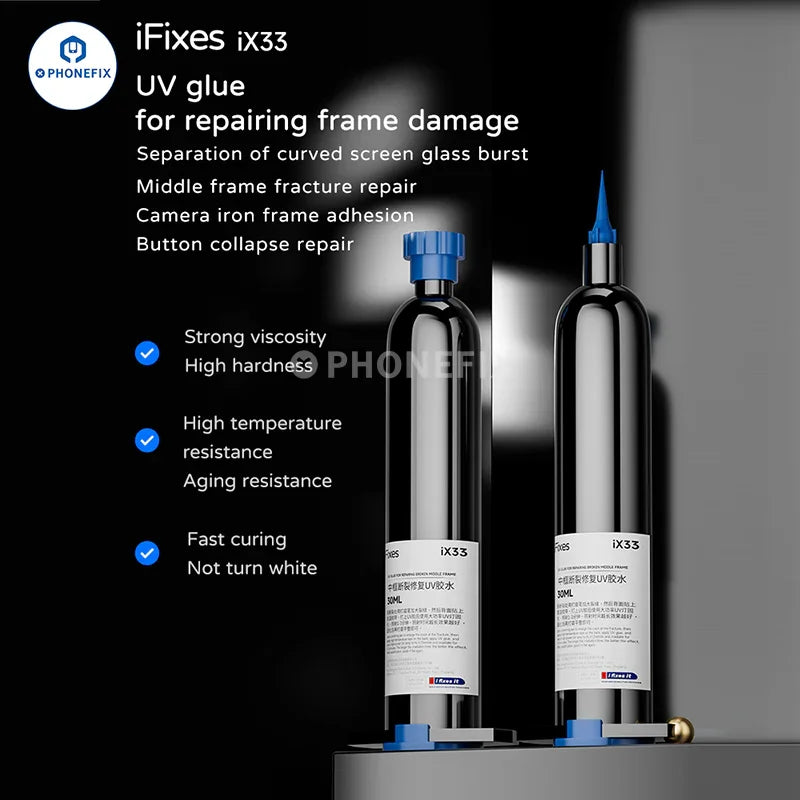 PHONEFIX UV glue nano adhesive for phone frame and LCD glass repair, shown as a small solder paste container.