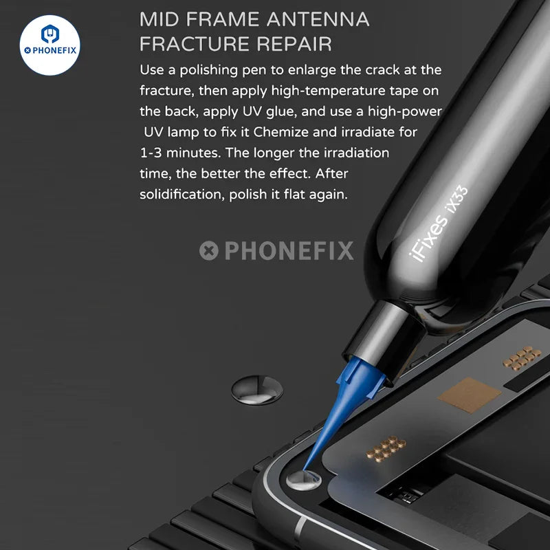 PhoneFIX UV glue nano adhesive solder paste for phone frame and LCD glass repair, shown in a small applicator container.