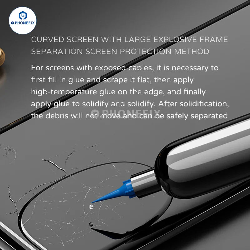 PHONEFIX UV Glue Nano Adhesive for phone frame repair, suitable for LCD glass repair and soldering applications.