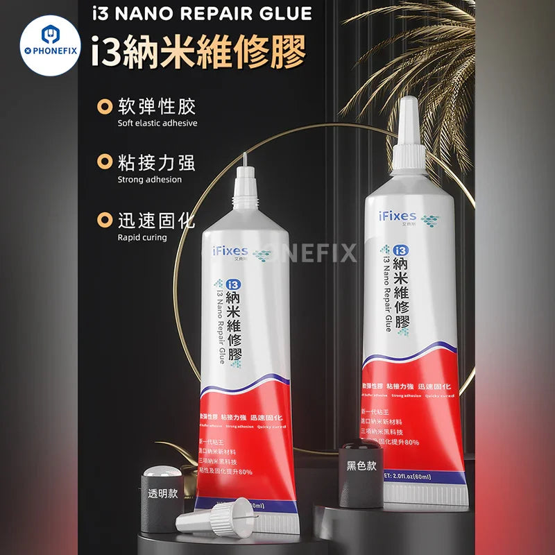 Close-up of PHONEFIX iFixes UV Glue Nano Adhesive for phone LCD glass repair and frame fixing, showing the solder paste application.
