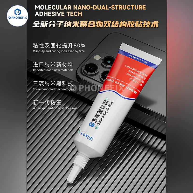 Close-up of PHONEFIX iFixes UV Glue Nano Adhesive solder paste for phone frame and LCD glass repair application.
