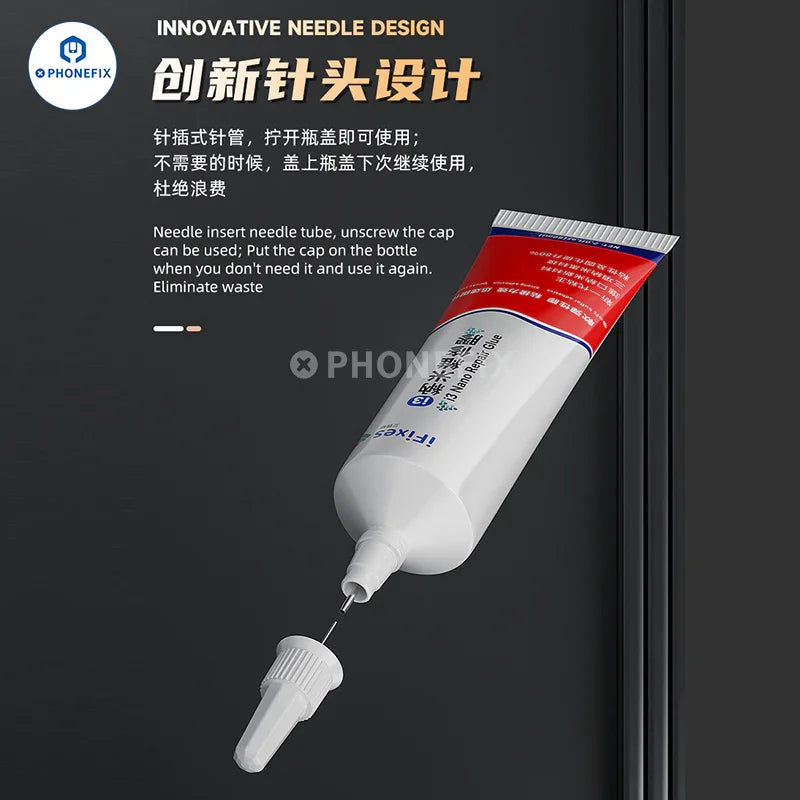 Close-up of PHONEFIX iFixes UV glue nano adhesive for phone frame and LCD glass repair, showing precise application on electronic components.