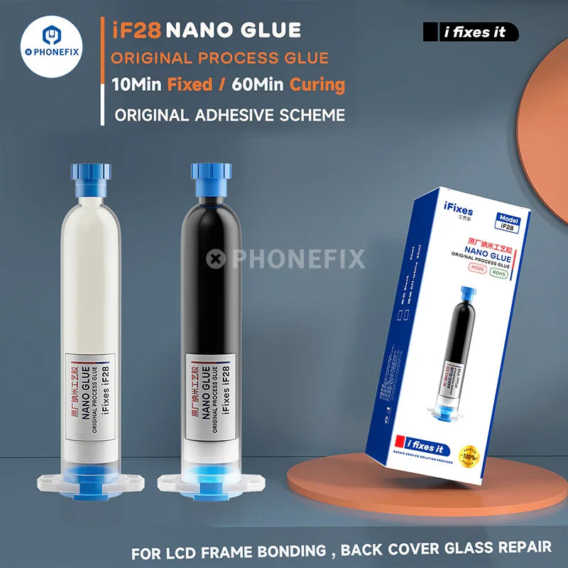 PHONEFIX UV glue nano adhesive for phone frame and LCD glass repair, shown as clear solder paste on a surface.