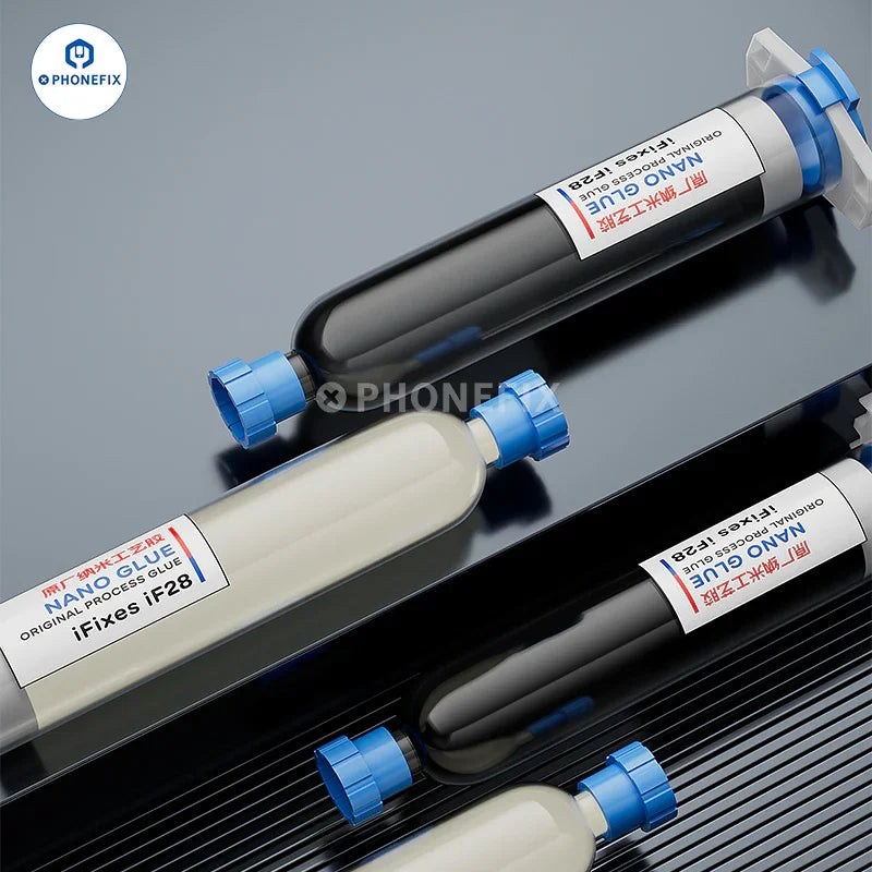 PhoneFix UV Glue Nano Adhesive for phone frame and LCD glass repair, shown as a solder paste application in the image.