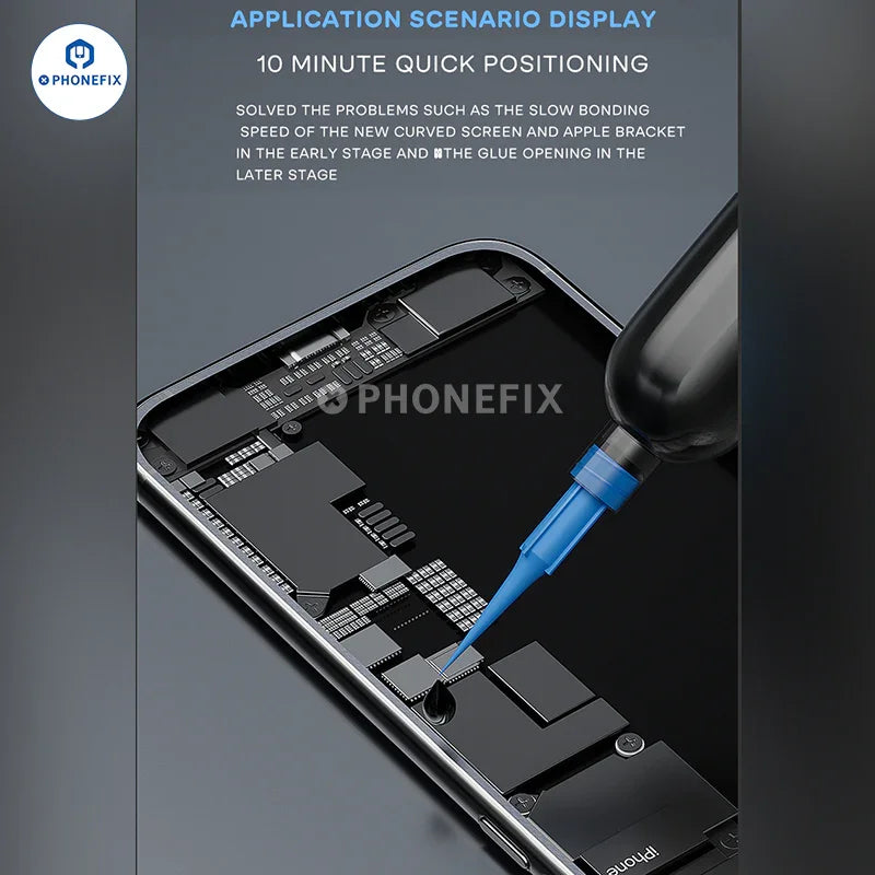 PHONEFIX UV glue nano adhesive for phone frame repair, used on LCD glass and solder paste application, shown in en_05.jpg.