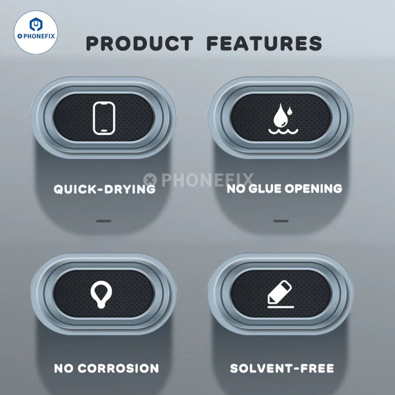 PHONEFIX UV glue nano adhesive used for phone frame and LCD glass repair, shown in a small container with solder paste consistency