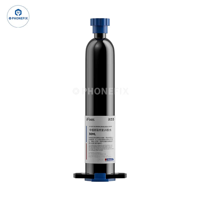 PHONEFIX UV Glue Nano Adhesive for phone frame repair, showing a bottle of solder paste used for LCD glass and screen bonding.