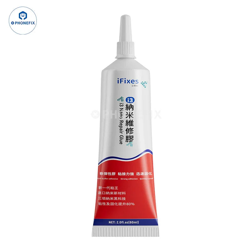 PhoneFIX UV Glue Nano Adhesive for phone frame and LCD glass repair, showing application on a smartphone screen.