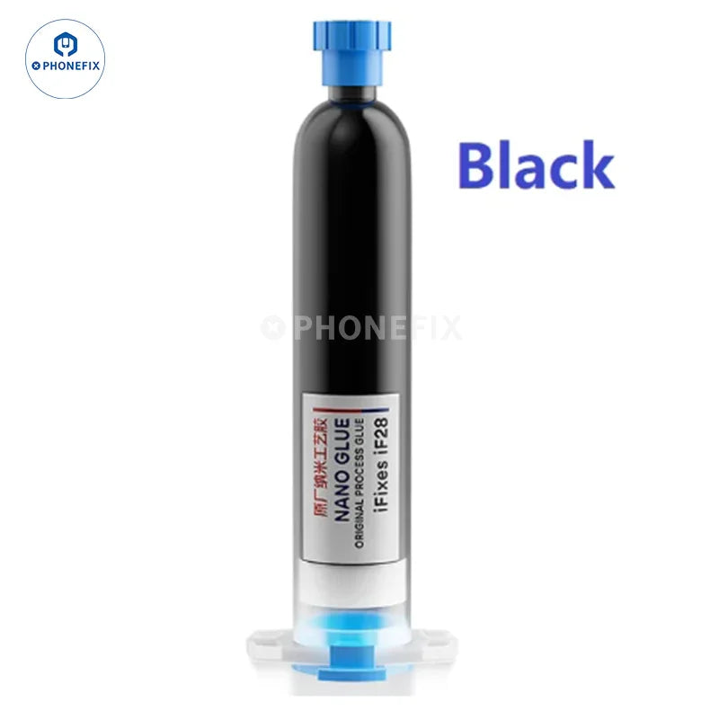 PhoneFix UV Glue Nano Adhesive for phone frame and LCD glass repair, shown as solder paste on a repair surface