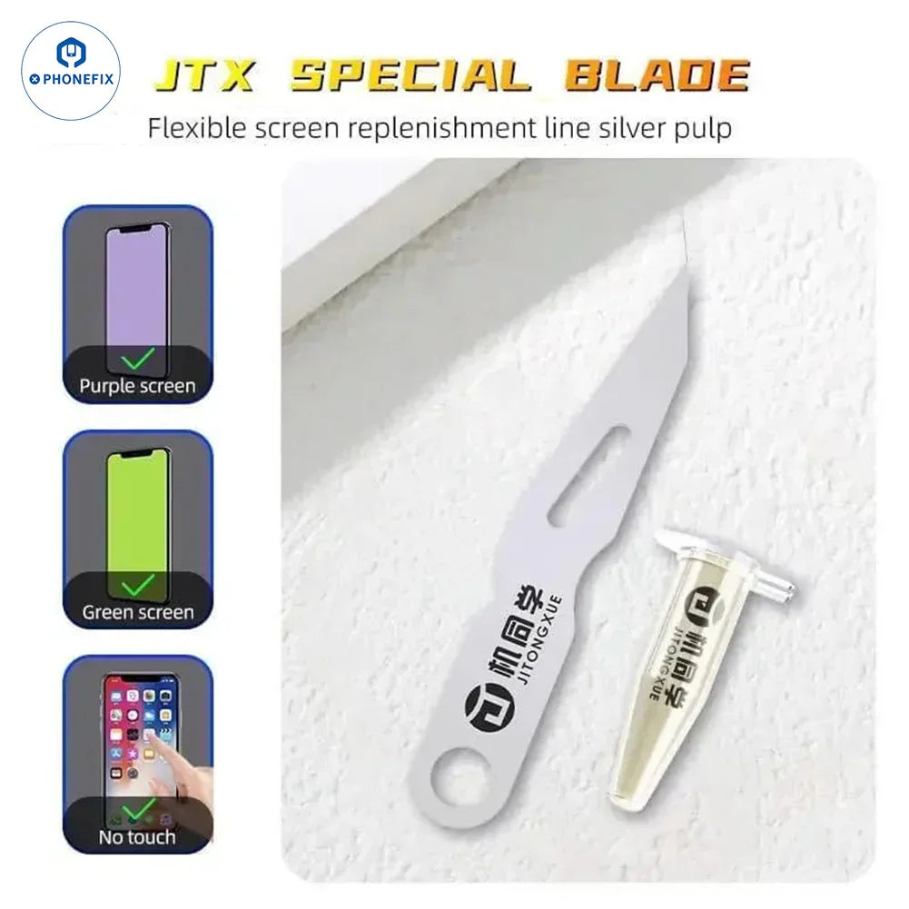 JTX Nano conductive silver paste for phone screen circuit repair, shown with blade set for iPhone soldering and line circuit repair.
