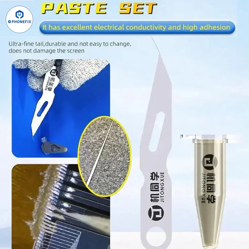 JTX Nano Conductive Silver Paste blade set for phone screen line circuit repair, used for precise soldering on iPhone screens.