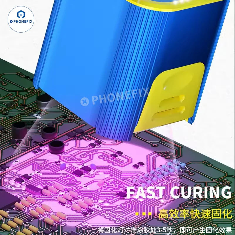 PhoneFix Mechanic L1 Pro L2 UV curing lamp with motherboard repair oil and solder paste for electronics repair and soldering tasks.