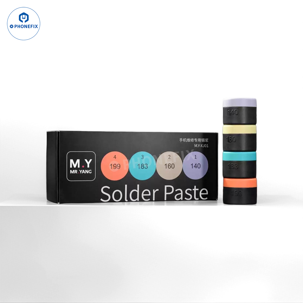 PHONEFIX YCS M.Y solder paste for phone PCB IC repair, with images showing the solder paste container and application process.