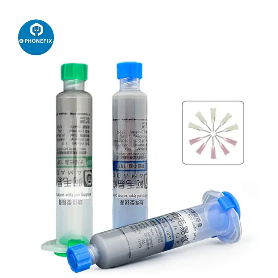 AMAOE solder paste syringe with tin flux, M14 and M15, 138 and 183 degrees, used for electronic soldering, by PHONEFIX.