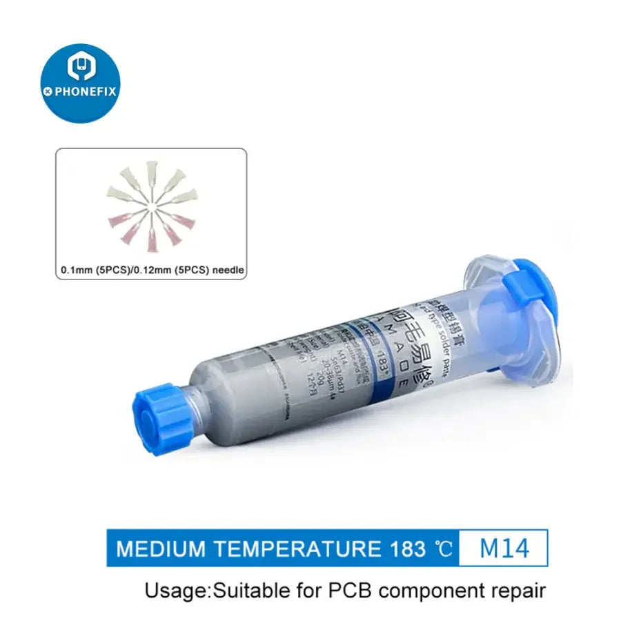 Amoae solder paste syringe for M14 M15, 138° 183° degrees, with tin flux, used for electronic soldering, by PHONEFIX.