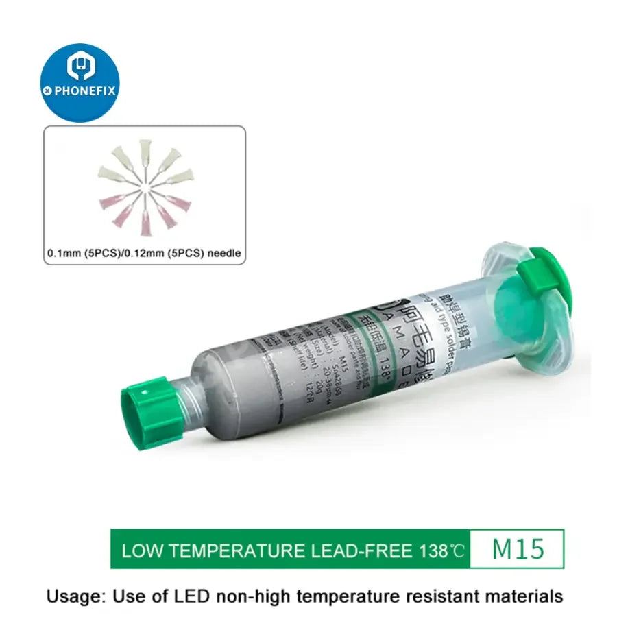 AMAOE solder paste syringe with M14 M15 138° and 183° flux for electronics soldering, branded by PHONEFIX.