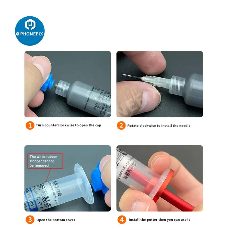 Amoae solder paste syringe with M14 M15 138 183 degree tin flux for electronics soldering, branded by PHONEFIX.